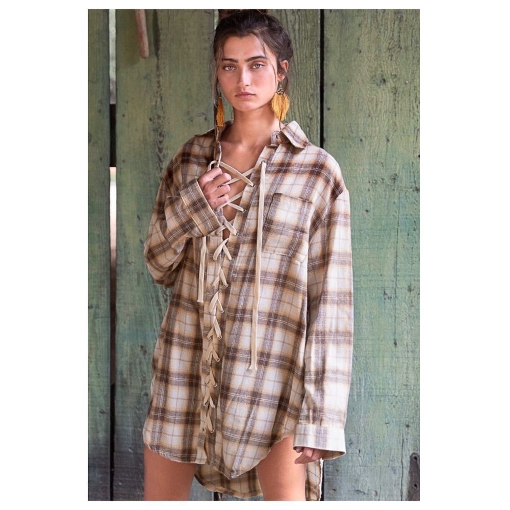 𝅺pol Boho Brown multi Lace Up Front Shirt - Picture 7 of 16